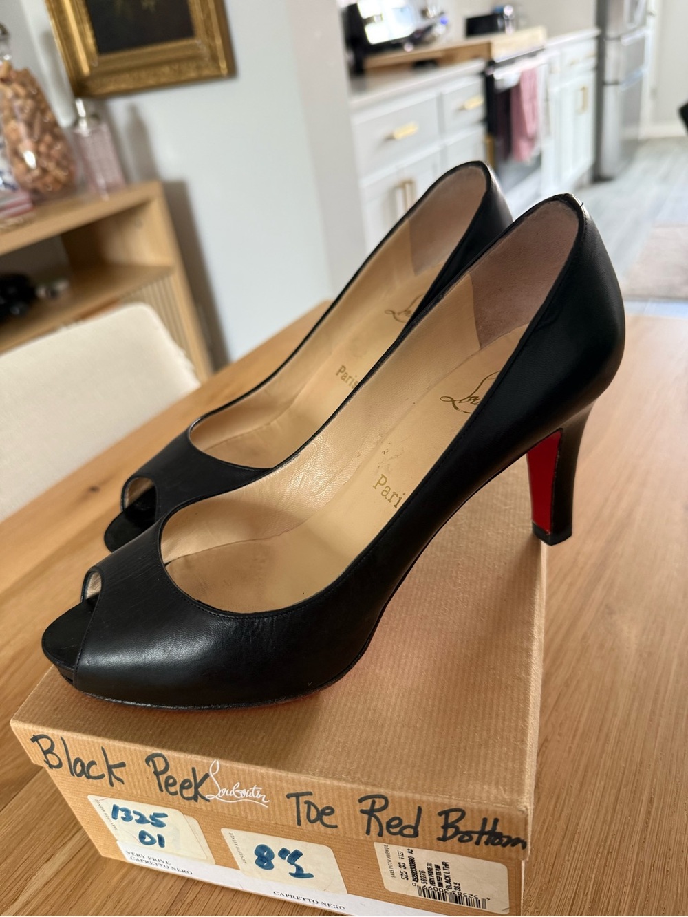 Christian Louboutin Black Leather Peep-Toe Pumps with Red Soles